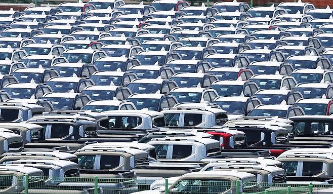 지난 24일 경기도 평택항에 수출용 차량이 세워져 있다. 미국 현지 생산과 판매 감소 여파로 지난달 한국의 대미 전기차 수출은 작년 같은 달 대비 100% 가까이 감소한 것으로 나타났다./연합뉴스