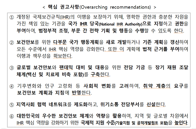 WHO 주관 제2차 합동외부평가에 따른 핵심 권고사항(자료=질병관리청)