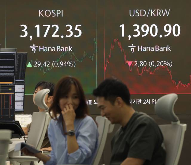 ▲ 코스피가 전장보다 29.42p(0.94%) 오른 3,172.35로 마감한 2일 오후 서울 중구 하나은행 딜링룸에서 딜러들이 업무를 보고 있다. 이날 원/달러 환율은 오후3시30분 기준 전날보다 2.7원 내린 1,391.0원을 기록했고, 코스닥은 9.00p(1.15%) 오른 794.00로 마감했다. 2025.9.2 연합뉴스