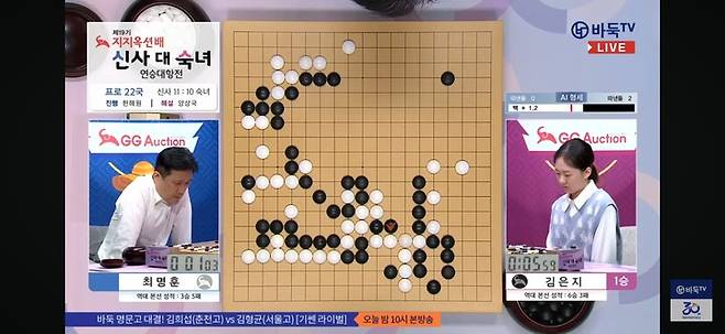 중반까지 팽팽한 승부가 이어지는 가운데 백이 약간 우세한 형국이다.(사진 바둑TV 캡처)