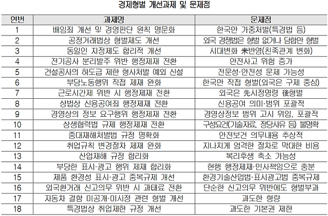 대한상공회의소가 3일 정부에 건의한 18개 불합리한 경제형벌 과제 목록. 대한상의 제공