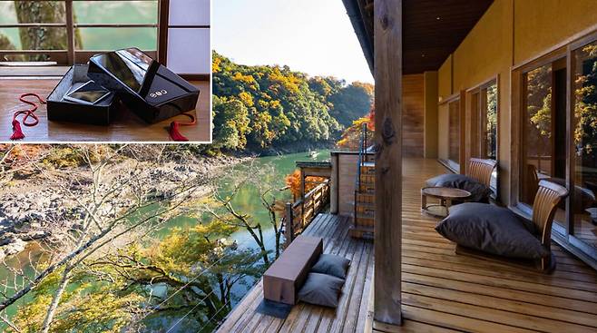 일본 교토 아라시야마에 있는 호시노야 교토 리조트의 야외 공간. 강변에 자리한 이 리조트에선 뱃놀이, 강가 명상 등 다양한 자연 친화적인 체험을 제공한다. 리조트 측은 투숙객들이 온전히 자연을 즐길 수 있도록 체크인과 동시에 스마트폰을 걷어 보관함에 넣어둔 뒤, 숙박 일정이 끝나면 돌려준다(왼쪽 상단) /호시노야 교토 홈페이지