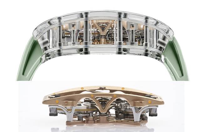 돔 형태 플랜지와 복잡한 부품이 보이는 케이스 측면. 부품의 움직임을 사방에서 볼 수 있어 매력적이다. 사진 리차드 밀