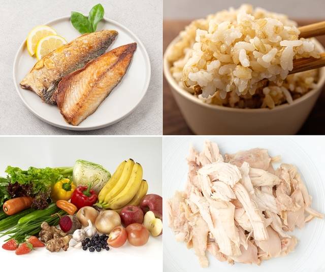 협심증 예방에 좋은 음식들. 고등어(윗줄 왼쪽부터 시계 방향으로) 현미, 살코기, 제철 과일·채소. 이미지투데이