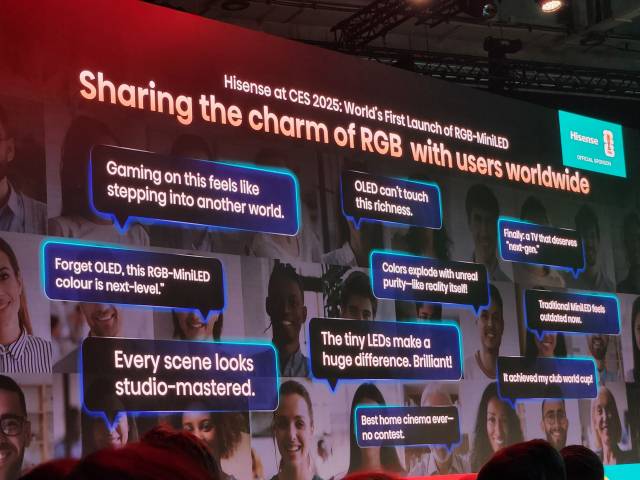 중국 하이센스가 5일(현지시간) 독일 베를린에서 IFA 미디어 콘퍼런스를 진행하고 있다. 행사 중간에 OLED TV를 견제하는 문구가 담긴 홍보 영상이 송출됐다. 노우리 기자