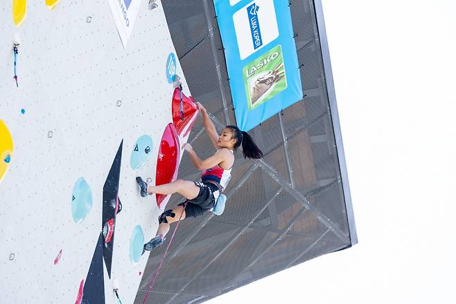 ‘2025 IFSC 코페르 월드컵’ 리드 경기에서 서채현 선수가 정상 등반한 모습. 사진제공|대한산악연맹