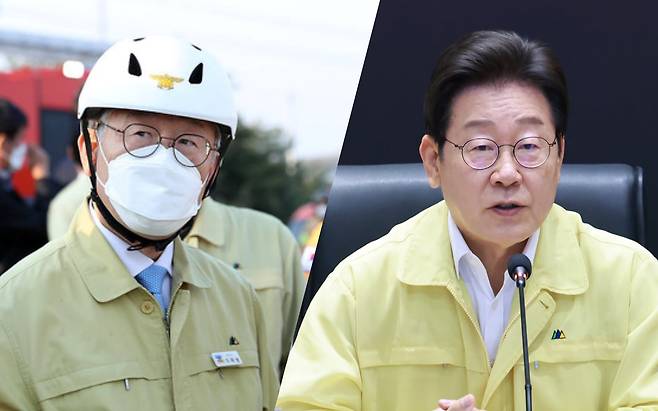 지난 7월 집중호우 대처상황 점검 회의를 주재하는 이재명 대통령(오른쪽)의 모습. 왼쪽은 이 대통령이 경기도지사이던 시절인 2020년 4월 29일 경기도 이천시 모가면 물류창고 신축공사장 화재 현장을 방문한 모습이다. /연합뉴스·경기도 제공