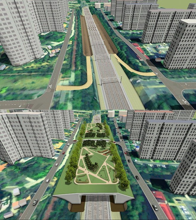 도심 철도운행구간의 신형식 복개구조물 시공 전(위)과 후를 시뮬레이션한 모습. 한국철도기술연구원 제공