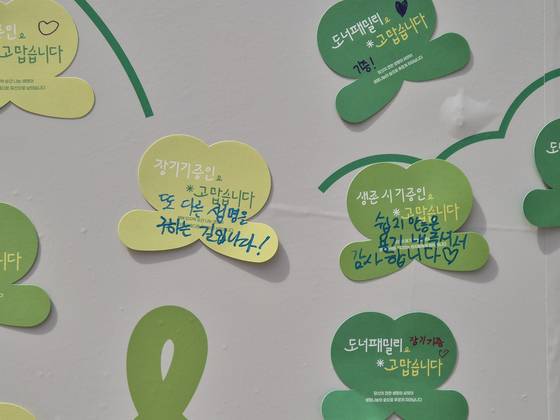 지난 8일, 서울시 중구 서울광장에 마련된 '생명나눔' 행사에 시민들의 감사 메세지를 남기고 있다. 전율 기자