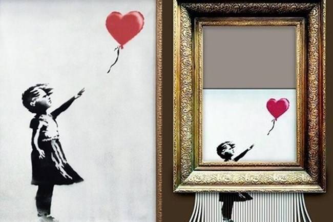 뱅크시의 대표작 ‘풍선과 소녀’. 2018년 소더비 경매에서 액자 속 분쇄 장치가 작동해 절반이 잘려 나가며 ‘사랑은 쓰레기통에’라는 새 이름으로 불리게 됐다. 오른쪽은 분쇄 직후 모습. 자료사진