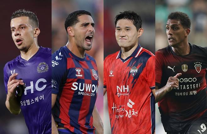 8월 K리그 이달의 선수상 후보. 왼쪽부터 FC안양 마테우스-수원FC 싸박-김천 상무 이동경-포항 스틸러스 조르지. /사진=한국프로축구연맹 제공