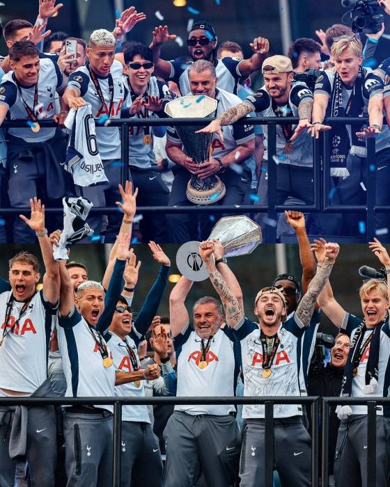 앙제 포스테코글루(가운데) 토트넘 홋스퍼 감독이 유로파리그 트로피를 들며 환호하고 있다. 함께 기뻐하는 손흥민(포스테코글루 왼쪽). /사진=토트넘 홋스퍼 공식 사회관계망서비스(SNS)