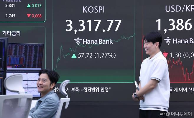 (서울=뉴스1) 장수영 기자 = 10일 오후 서울 중구 하나은행 딜링룸 전광판에 코스피가 장중 역대 최고점인 3,316.08을 넘어서고 있다. 이날 역대 최고점인 3316.08을 넘어선 것은 지난 2021년 6월 25일 이후 처음이다. 2025.9.10/뉴스1 Copyright (C) 뉴스1. All rights reserved. 무단 전재 및 재배포, AI학습 이용 금지. /사진=(서울=뉴스1) 장수영 기자