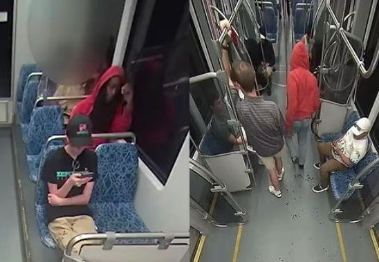 (왼쪽) 범행 직전 경전철 내부 모습. 앞좌석에 앉은 우크라이나 난민 이리나 자루츠카와 뒷좌석의 가해자 데카를로스 브라운 주니어. (오른쪽) 범행 후 승객들 사이를 지나 현장을 떠나는 가해자의 모습. 샬럿교통공사·데일리메일 영상 캡처