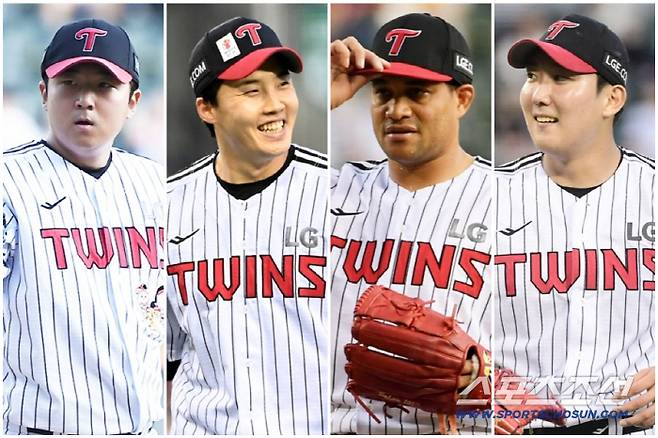 왼쪽부터 LG 트윈스 송승기, 임찬규, 요니 치리노스, 손주영. 구단 역대 2번째로 선발 10승을 달성한 주역들이다. 스포츠조선DB