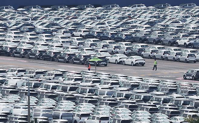 15일 경기도 평택항에 수출용 자동차가 세워져 있다. 16일부터 미국에서 일본산 자동차에 관세 15%가 적용되지만 한국산 자동차 관세는 25%가 유지된다. /연합뉴스