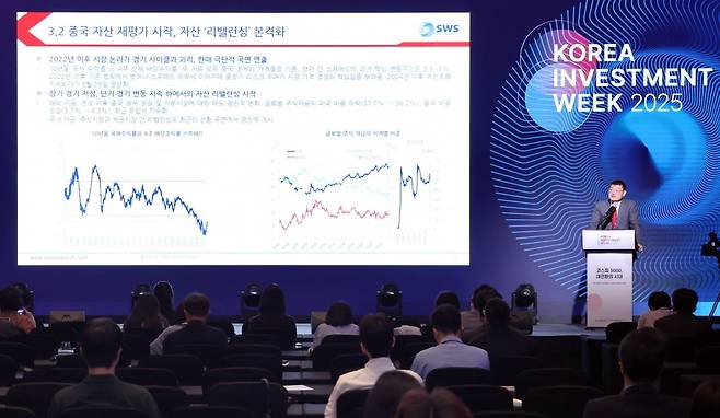 코리아 인베스트먼트 위크(KIW) 2025 셋째날인 17일 서울 여의도 콘래드호텔에서 자오웨이 SWHY증권 수석 이코노미스트가 '퍼져나가는 불꽃-중국의 경제 상황과 시장 전망’에 대해 강연하고 있다. 사진=김범준 기자