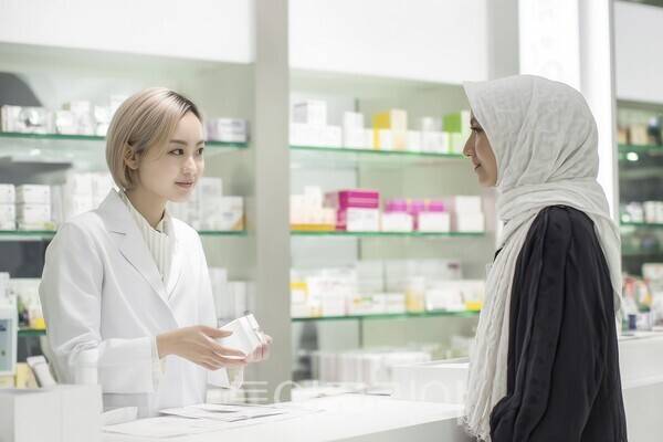 약사에게 약국 뷰티 제품에 대한 설명을 듣는 외국인 관광객의 모습/사진출처=클립아트코리아