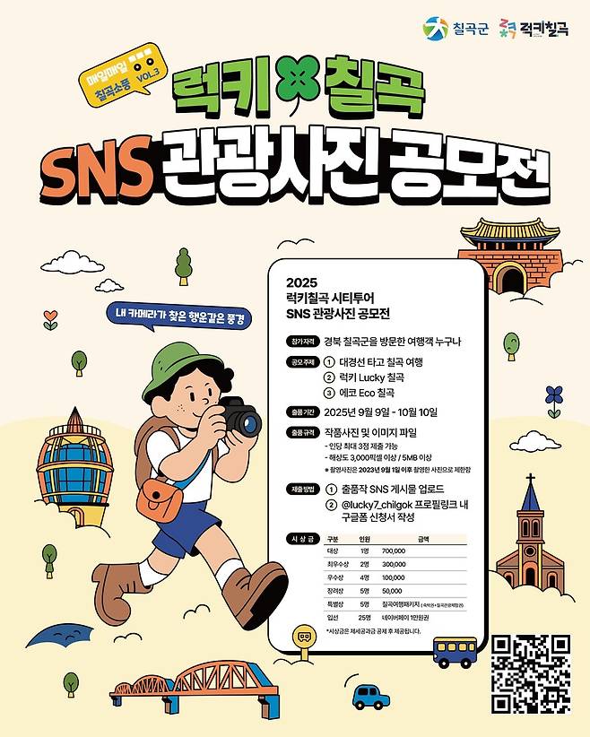 칠곡군이 9월9일부터 10월10일까지 진행하는 '2025년 럭키칠곡 SNS 관광사진 공모전' 포스터 ⓒ칠곡군