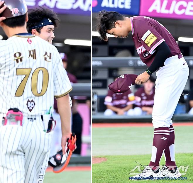 1회말 롯데 황성빈이 키움 박정훈에게 헤드샷을 맞았다. 사과하는 박정훈에게 괜찮다며 미소를 짓는 황성빈의 모습. 부산=허상욱 기자