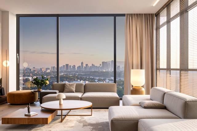 주거용으로 특화된 ‘더블로이유리’인 ‘빌라즈’가 적용된 거실 이미지.사진제공=KCC글라스