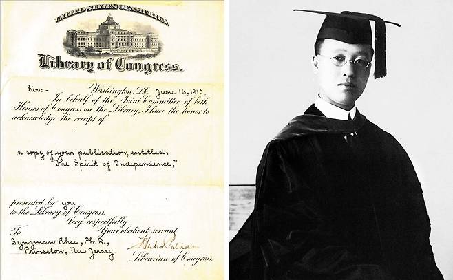 1910년 6월 16일 이승만의 저서 ‘독립정신’이 미 의회도서관에 공식적으로 헌정됐음을 알리는 허버트 퍼트넘 관장의 서신(왼쪽). 최근 한국학중앙연구원의 ‘미공개 이승만 문서 정리 분류 및 DB화 사업’으로 발굴된 것이다. 오른쪽 사진은 같은 해 7월 18일 이승만이 미 프린스턴대에서 박사 학위를 받은 뒤 촬영한 모습. /연세대 이승만연구원·기파랑