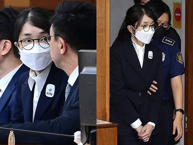 윤석열 전 대통령의 배우자 김건희 여사가 24일 서울 서초동 서울중앙지법에서 열린 특정범죄가중처벌법상 알선수재 및 자본시장법·정치자금법 위반 등 사건 첫 재판에 출석하고 있다. /사진공동취재단