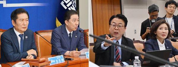 더불어민주당 정청래 대표와 김병기 원내대표가 24일 국회에서 열린 최고위원회의에 참석해 있다. 오른쪽 사진은 국민의힘 곽규택 나경원 의원이 이날 국회 법제사법위원회 전체회의에서 민주당 소속 추미애 위원장의 의사진행에 항의하는 모습. 김정록 기자 ilro12@kookje.co.kr