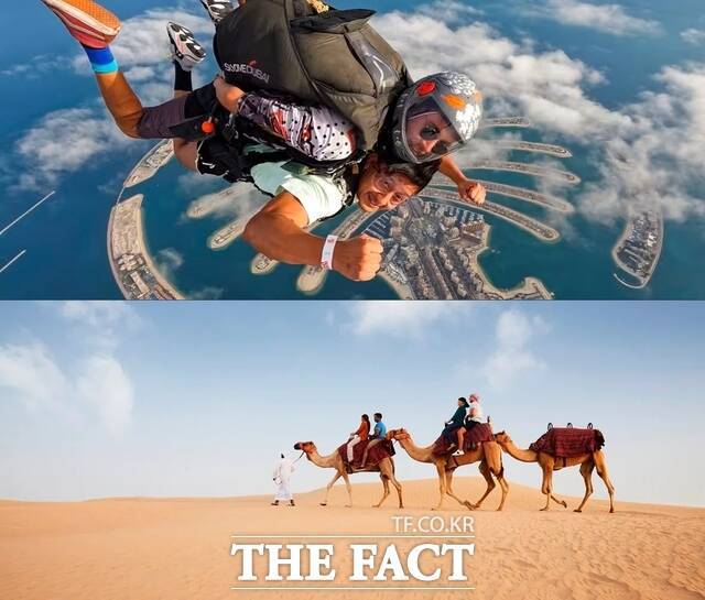 두바이 인근 아라비아 사막에서 사파리를 비롯한 쿼드바이크, 샌드보드 등 다양한 액티비티를 즐길 수 있고, 스카이다이빙은 스포츠 관광을 즐기는 방문객들의 필수 액티비티로 창공에서 팜 주메이라와 사막 모래언덕을 내려다보며 다이빙하는 놀라운 체험을 제공한다. /두바이관광청