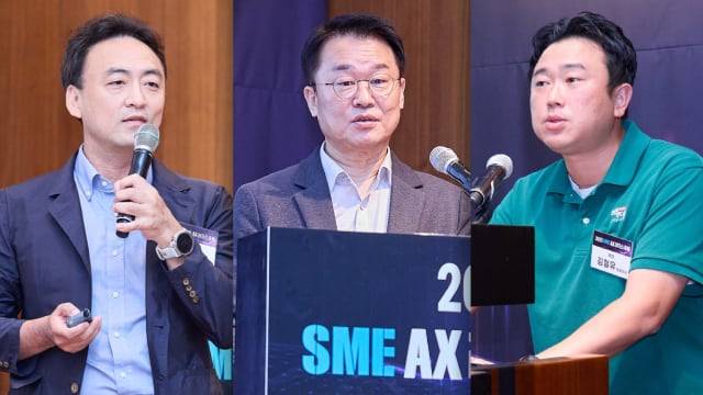 왼쪽부터 중소기업의 DX 성공사례를 발표한 오경진 태림산업 대표, 임대빈 아이디모드 대표, 김철유 백제 대표. /그래픽=손민균