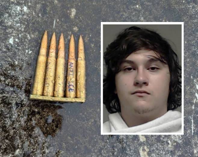 24일(현지 시간) 미국 텍사스주 댈러스의 이민세관단속국(ICE) 구금시설 인근 빌딩의 옥상에서 요원들이 현장을 수색하고 있다(위쪽 사진). 용의자 조슈아 얀(아래쪽 작은 사진)이 이곳에서 ICE 구금시설로 총격을 가해 구금자 1명이 숨지고 2명이 부상을 입었다. 스스로 목숨을 끊은 얀의 인근에서 발견된 미사용 탄환. ‘안티(ANTI) ICE’라는 문구가 선명하다. 댈러스=AP 뉴시스·사진 출처 캐시 파텔 연방수사국(FBI) 국장 ‘X’·‘X’ 캡처