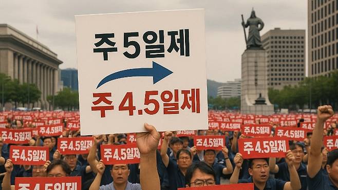 ‘주 4.5일제 도입‘을 외치며 광화문에 집결한 금융노조 조합원들의 모습을 이미지화한 장면.