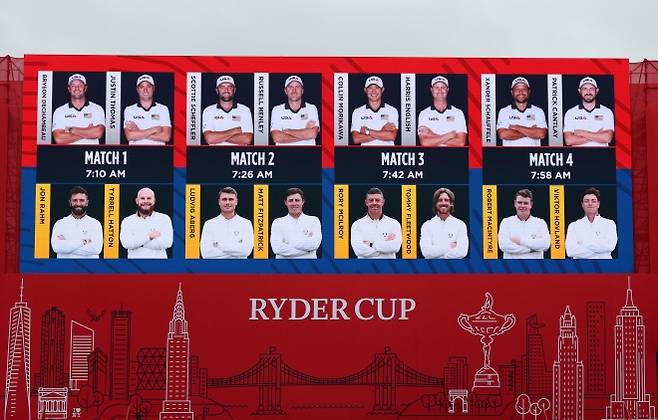 GOLF-RYDERCUP/ - Golf - The 2025 Ryder Cup - Bethpage Black Golf Course, Farmingdale, New York, United States - September 25, 2025 General view of images of the pairings for the morning Foursomes matches REUTERS/Paul Childs <Copyright (c) Yonhap News Agency prohibits its content from being redistributed or reprinted without consent, and forbids the content from being learned and used by artificial intelligence systems.>