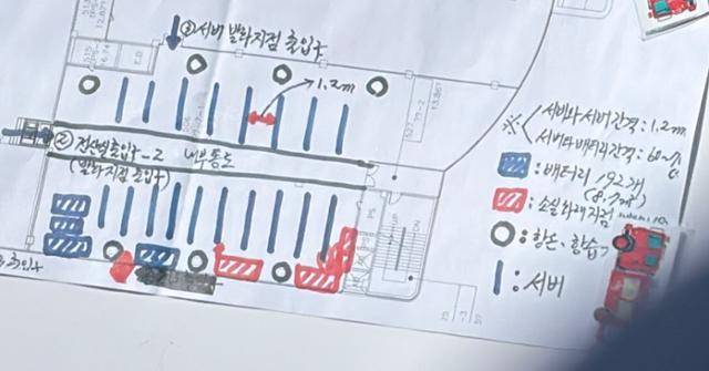 소방당국이 27일 대전 국가정보자원관리원 앞에서 브리핑한 화재 현장의 구조도.
