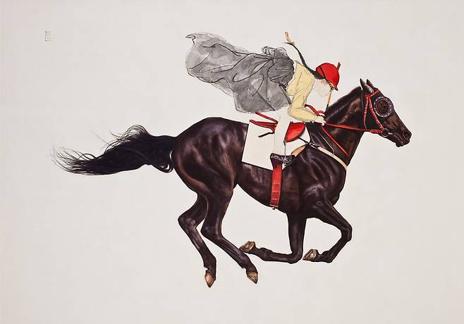 김현정, '내숭:달려가마(馬)', 한지 위에 수묵과 담채, 127x183㎝, 2015.