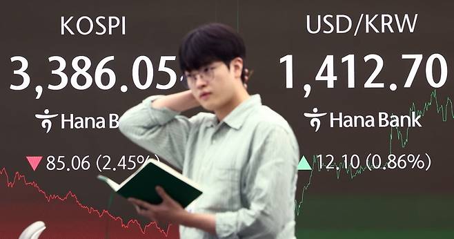 지난 26일 오후 서울 중구 하나은행 본점 딜링룸 전광판에 코스피 종가가 나오고 있다. 사진=뉴스1