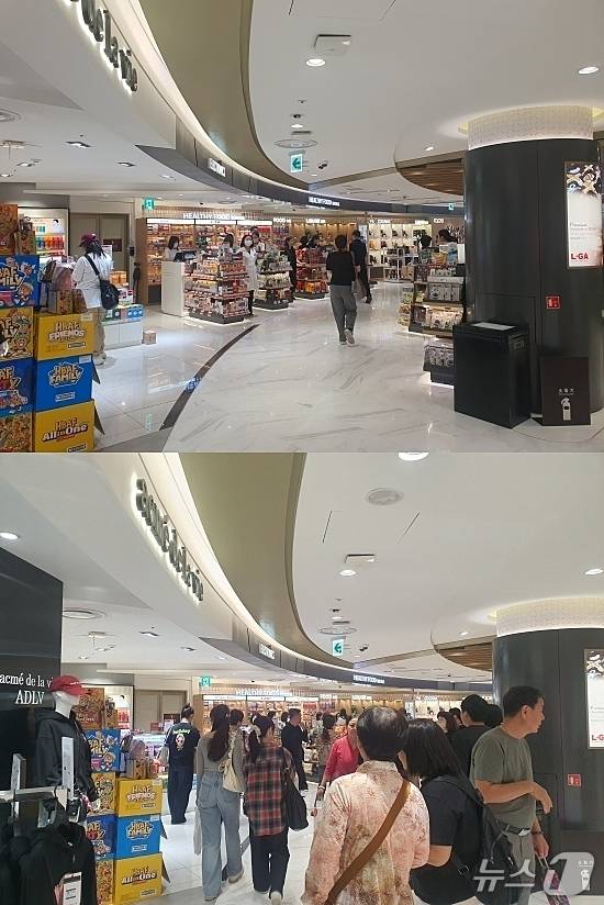 중국인 단체 관광객이 도착하기 전인 29일 오후 2시에 촬영한 롯데면세점 명동본점 9층 내부(위)는 한산한 모습이지만, 관광객이 도착한 오후 3시 30분 같은 장소에서 촬영한 사진(아래)에는 매장 내부가 크게 북적이고 있다.