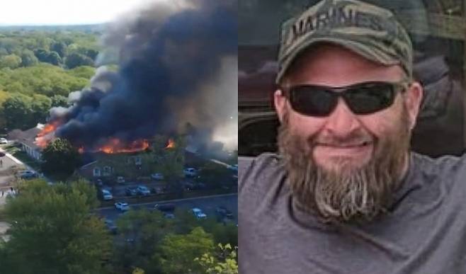 미국 미시간주 그랜드 블랑에 있는그리스도 후기 성도 교회에서 화재 모습과 총격 용의자인 토마스 제이콥 샌포드. AP 연합뉴스