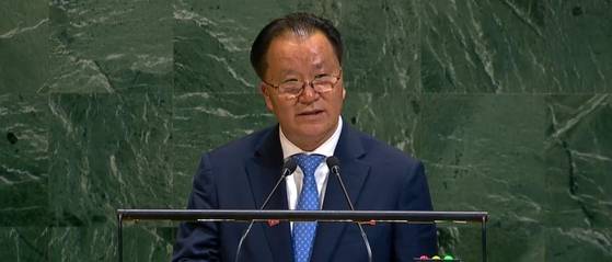 유엔총회 연설하는 김선경 북한 외무성 부상. 사진 유엔TV캡처