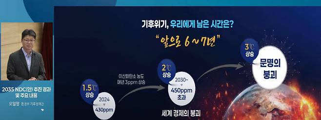 오일영 기후에너지환경부 기후에너지정책관이 30일 국회에서 열린 ‘2035 NDC(안) 국회 공청회’에서 기후위기로 인한 문명 붕괴를 경고하는 PPT 슬라이드를 발표하고 있다. (사진=국회기후변화포럼 유튜브)