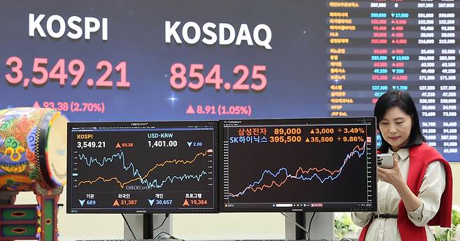 추석 명절을 앞두고 코스피가 최고가를 기록한 2일 오후 서울 영등포구 여의도 여의도 한국거래소 모니터에 코스피 시황이 표시되고 있다./뉴스1