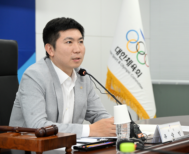 유승민 대한체육회장이 7월 21일 서울 송파구 올림픽회관에서 제4차 체육회 이사회를 진행하고 있다. 대한체육회 제공