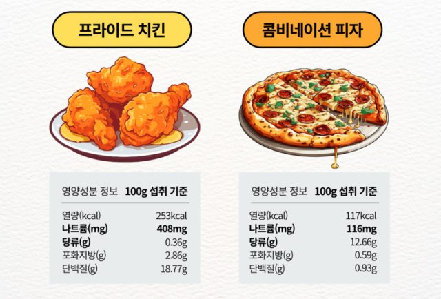 프라이드 치킨과 콤비네이션 피자의 열량과 나트륨 함량. 식품의약품안전처