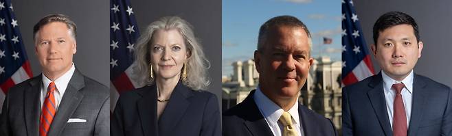 국무부 동아태지역으로 이어지는 보고라인. 크리스토퍼 랜다우 부장관, 앨리슨 후커 정무차관, 마이클 디솜브리 동아태 차관보 지명자, 케빈 김 동아태 부차관보. /국무부 홈페이지 및 링크트인(디솜브리)