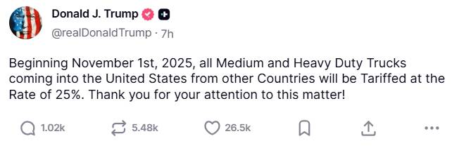 도널드 트럼프 미국 대통령이 6일 소셜미디어 트루스소셜을 통해 "2025년 11월1일부터 다른 나라에서 미국으로 들어오는 모든 중·대형 트럭에 25% 관세가 부과될 것"이라고 밝혔다. ⓒ도널드 트럼프 미 대통령 소셜미디어 트루스소셜 캡처