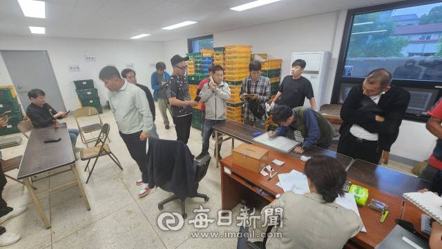 10일 오후, 경북 봉화군 봉화읍 내성리 봉화군산림조합 공판장 송이 경매가 진행되고 있다. 이날 송이 1등급은 1㎏당 55만원, 2등급은 31만1천100원, 3등급은 22만5천원, 등외품은 17만2천900원에 거래됐다. 손병현 기자