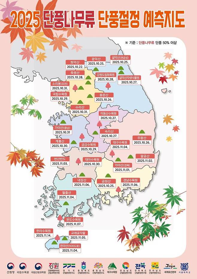 2025 단풍나무류 단풍 절정 예측 지도 / 출처=산림청