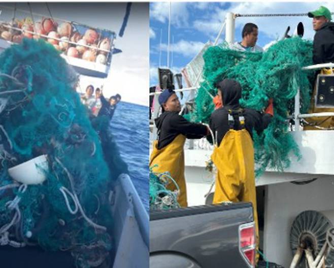 하와이 현지 어민과 미국 하와이퍼시픽대 해양쓰레기 연구센터 연구진들이 해양쓰레기를 수거하는 모습. 미국 하와이퍼시픽대학교 해양쓰레기 연구센터 제공