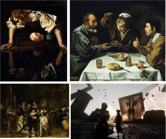 ▲카라바조의 <나르키소스>, 벨라스케스의 <점심식사>, 렘브란트의 <야경>에서 이어지는 '클레르 옵스퀴르'. <33 원정대>를 플레이하며 내내 감탄했던 부분이다. 과한 이펙트와 셰이더가 없어도, 개발자가 추구하는 컨셉에 적정한 자원이 있음을 잘 보여주는 사례이다.