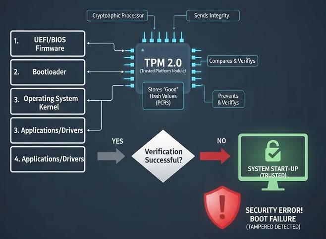 Cryptoaphic Processor Sends Integrity 1 UEFIBIOS Firmware TPM 20 Compares Verifiys 2 Bootloader Trusted Platform Module Stores Good Operating Hash Values Prevents 3 System PCRS Veriffys Kernel 3 ApplicationsDrivers YES NO Verification 4 ApplicationsDrivers Successful SYSTEM STARTUP TRUSTED SECURITY ERROR BOOT FAILURE TAMPERED DETECTED